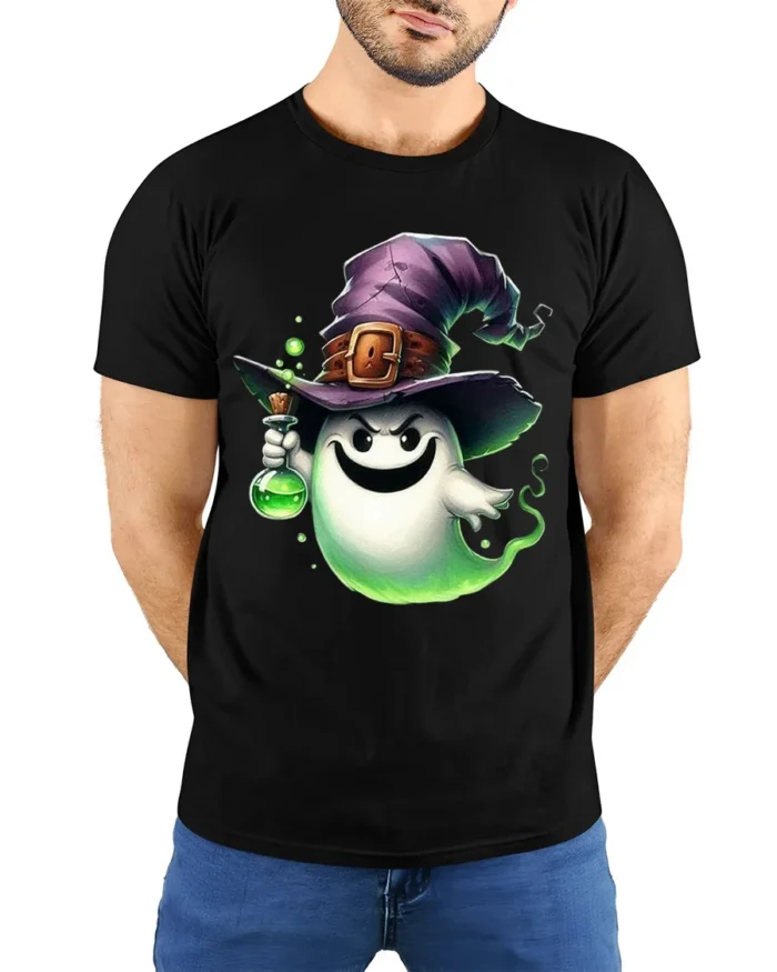 Cute Ghost Witch Potion Halloween T-Shirt - model wearing black shirt, hands behind back
