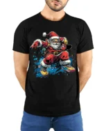 Cool Skateboarding Santa Christmas T-Shirt - model wearing black shirt, hands behind back