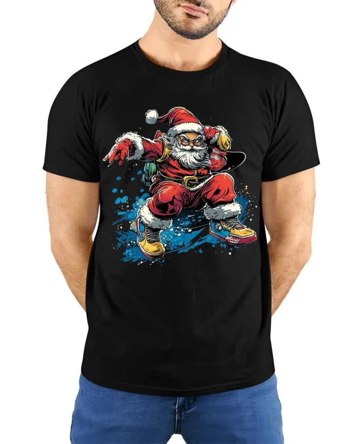 Cool Skateboarding Santa Christmas T-Shirt - model wearing black shirt, hands behind back