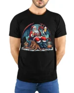 Santa Drinking Beer with Dragon Christmas T-Shirt - model wearing black shirt, hands behind back