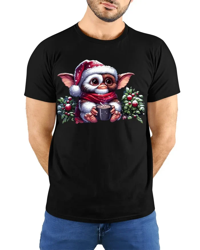 Cute Christmas Gizmo Cocoa Holiday T-Shirt - model wearing black shirt, hands behind back