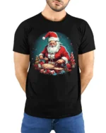 Santa Baking Christmas Cookies Graphic T-Shirt - model wearing black shirt, hands behind back