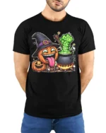 Funny Pumpkin Witch Cauldron Halloween T-Shirt - model wearing black shirt, hands behind back