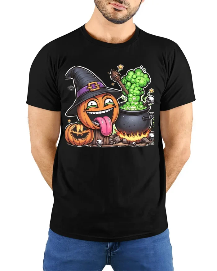 Funny Pumpkin Witch Cauldron Halloween T-Shirt - model wearing black shirt, hands behind back