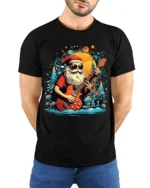 Rock and Roll Santa Guitar Christmas T-Shirt - model wearing black shirt, hands behind back