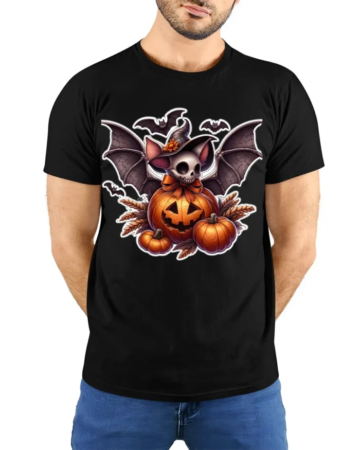 Halloween Bat Skull Pumpkin Graphic T-Shirt - model wearing black shirt, hands behind back