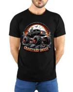 Graveyard Smash Skeleton Monster Truck T-Shirt - model wearing black shirt, hands behind back