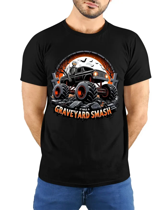Graveyard Smash Skeleton Monster Truck T-Shirt - model wearing black shirt, hands behind back