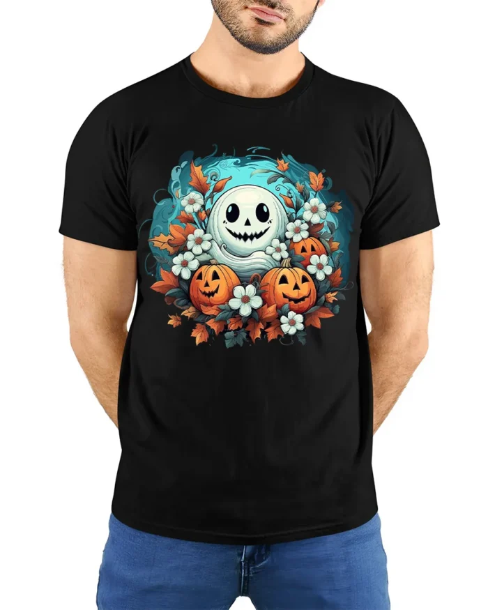 Smiling Ghost Pumpkin Floral Halloween T-Shirt - model wearing black shirt, hands behind back