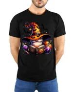Halloween Wizard Gnome Magic Potion T-Shirt - model wearing black shirt, hands behind back