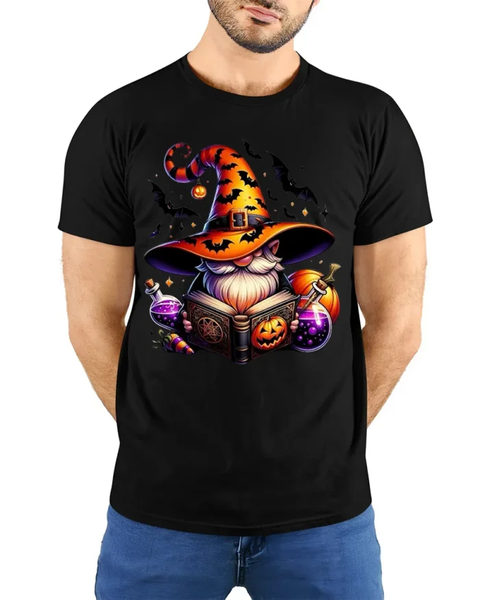 Halloween Wizard Gnome Magic Potion T-Shirt - model wearing black shirt, hands behind back
