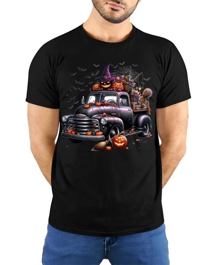 Halloween Pumpkin Witch Vintage Truck T-Shirt - model wearing black shirt, hands behind back