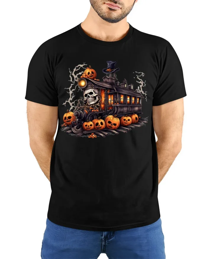 Haunted Pumpkin Skull Halloween Train T-Shirt - model wearing black shirt, hands behind back
