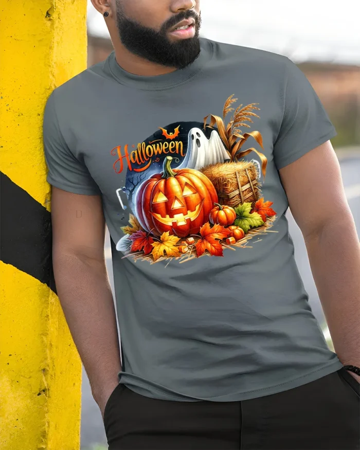Halloween Pumpkin Ghost Scene Graphic T-Shirt - model in grey shirt leaning against column