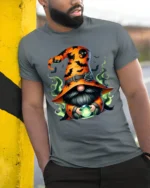 Halloween Gnome Wizard Crystal Ball T-Shirt - model in grey shirt leaning against column