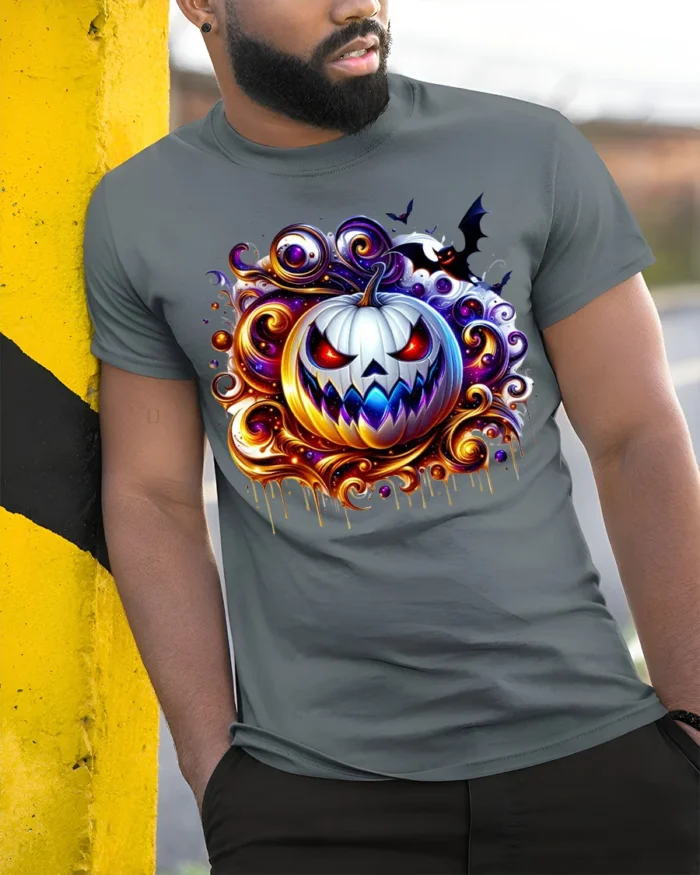 Scary White Pumpkin Halloween Graphic T-Shirt - model in grey shirt leaning against column
