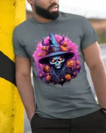 Scary Witch Skull Pumpkin Halloween T-Shirt - model in grey shirt leaning against column