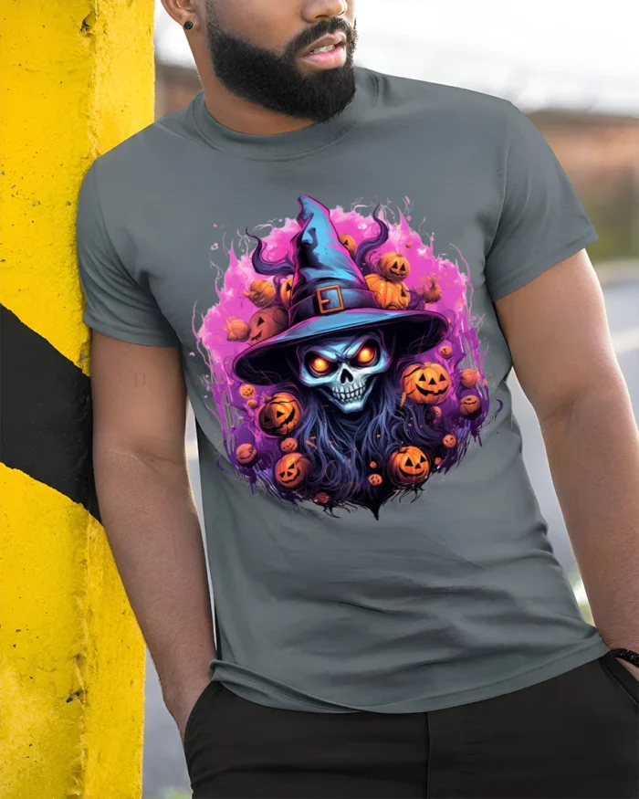 Scary Witch Skull Pumpkin Halloween T-Shirt - model in grey shirt leaning against column