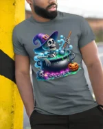 Funny Skeleton Witch Cauldron Halloween T-Shirt - model in grey shirt leaning against column