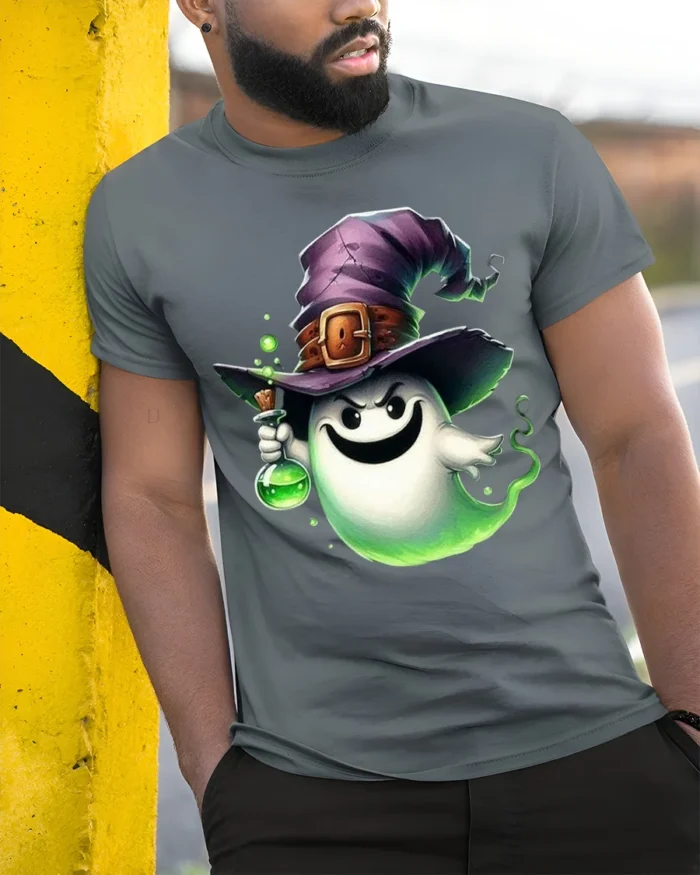 Cute Ghost Witch Potion Halloween T-Shirt - model in grey shirt leaning against column