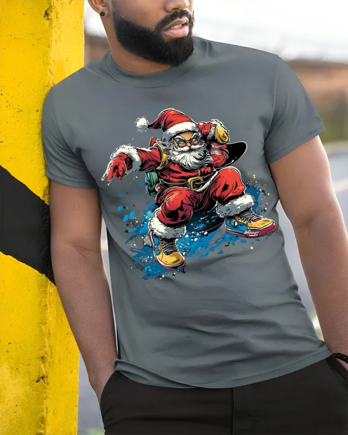 Cool Skateboarding Santa Christmas T-Shirt - model in grey shirt leaning against column