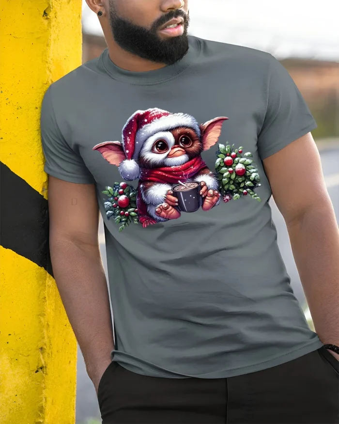 Cute Christmas Gizmo Cocoa Holiday T-Shirt - model in grey shirt leaning against column