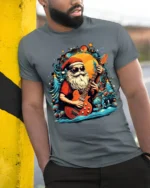 Rock and Roll Santa Guitar Christmas T-Shirt - model in grey shirt leaning against column