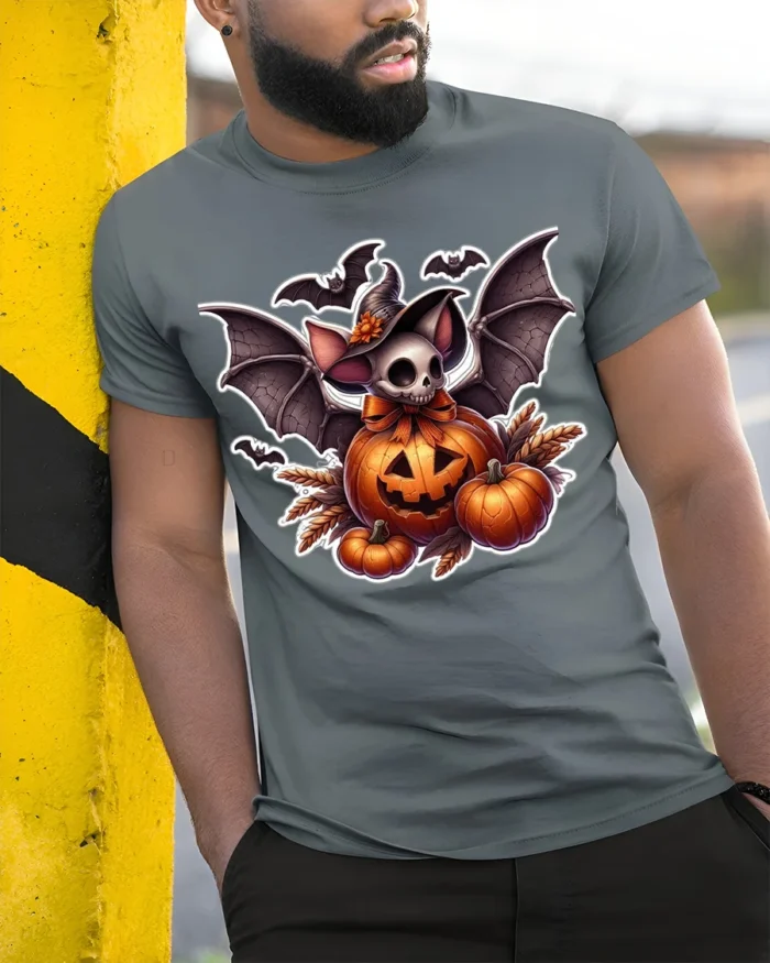 Halloween Bat Skull Pumpkin Graphic T-Shirt - model in grey shirt leaning against column