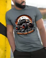 Graveyard Smash Skeleton Monster Truck T-Shirt - model in grey shirt leaning against column