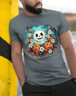 Smiling Ghost Pumpkin Floral Halloween T-Shirt - model in grey shirt leaning against column