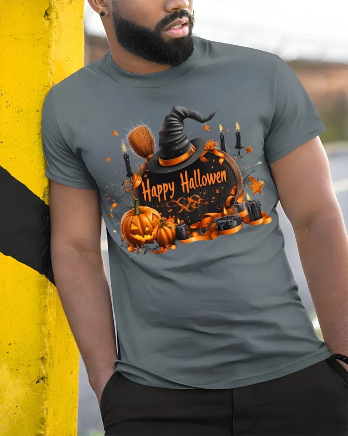 Witch Hat Pumpkin Happy Halloween T-Shirt - model in grey shirt leaning against column