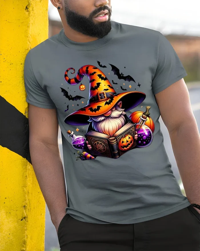 Halloween Wizard Gnome Magic Potion T-Shirt - model in grey shirt leaning against column