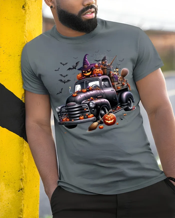 Halloween Pumpkin Witch Vintage Truck T-Shirt - model in grey shirt leaning against column