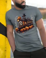 Haunted Pumpkin Skull Halloween Train T-Shirt - model in grey shirt leaning against column
