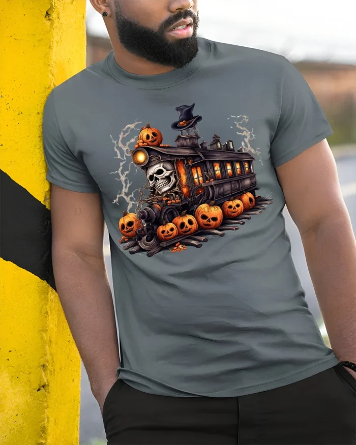 Haunted Pumpkin Skull Halloween Train T-Shirt - model in grey shirt leaning against column