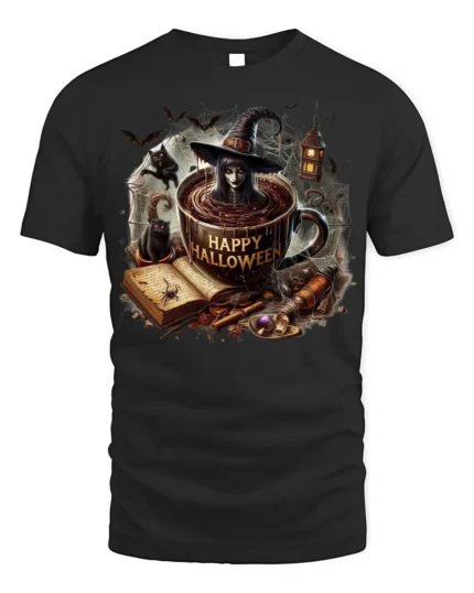 Halloween Witch Coffee Mug Graphic Print T-Shirt - black t-shirt on white background