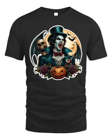 Vampire Skull Pumpkin Gothic Halloween Graphic T-Shirt - black t-shirt on white background