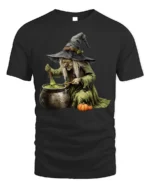 Witch Stirring Cauldron Pumpkin Halloween T-Shirt - black t-shirt on white background