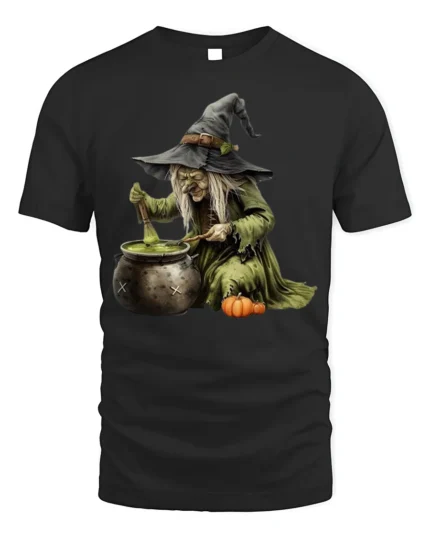 Witch Stirring Cauldron Pumpkin Halloween T-Shirt - black t-shirt on white background