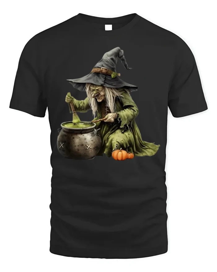 Witch Stirring Cauldron Pumpkin Halloween T-Shirt - black t-shirt on white background
