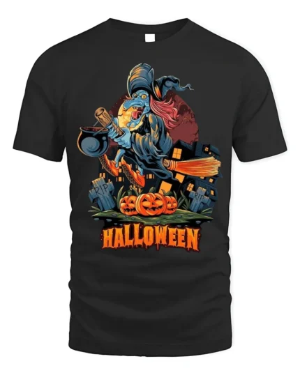 Flying Witch Broomstick Pumpkin Halloween Graphic T-Shirt - black t-shirt on white background