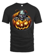 Zombie Creeping Out Pumpkin Halloween Graphic T-Shirt - black t-shirt on white background