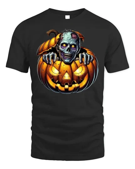 Zombie Creeping Out Pumpkin Halloween Graphic T-Shirt - black t-shirt on white background