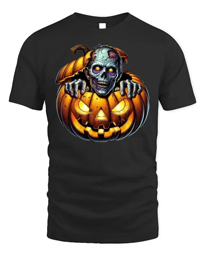 Zombie Creeping Out Pumpkin Halloween Graphic T-Shirt - black t-shirt on white background