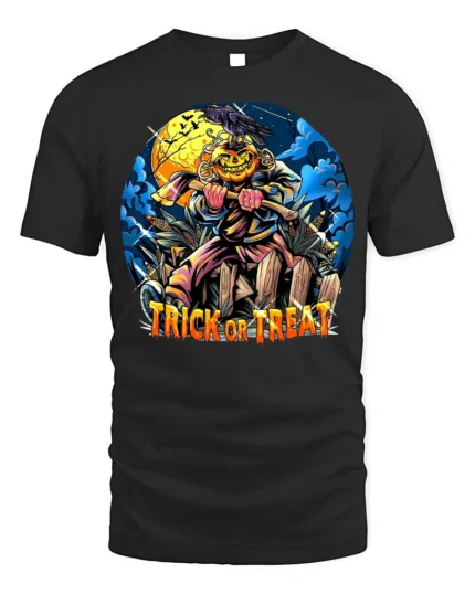 Pumpkin Scarecrow Trick or Treat Halloween T-Shirt - black t-shirt on white background