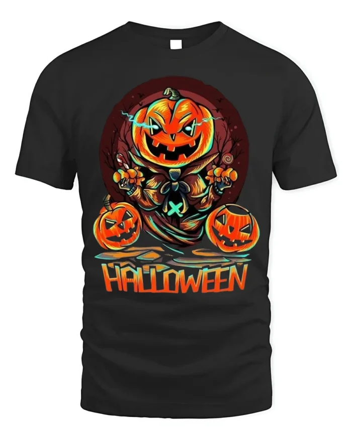 Evil Pumpkin Head Creepy Halloween Graphic T-Shirt - black t-shirt on white background