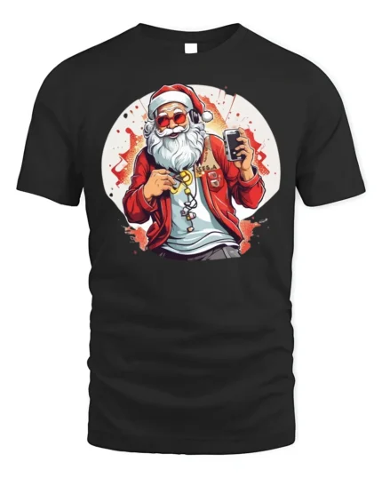 Cool Santa Claus Music Headphones Christmas T-Shirt - black t-shirt on white background