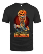Halloween Skeleton Pumpkin Head Graphic T-Shirt - black t-shirt on white background