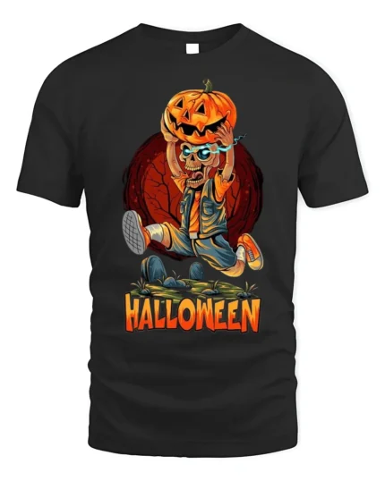 Halloween Skeleton Pumpkin Head Graphic T-Shirt - black t-shirt on white background