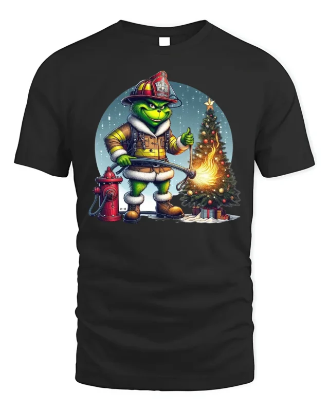 Funny Firefighter Grinch Christmas Tree Graphic T-Shirt - black t-shirt on white background